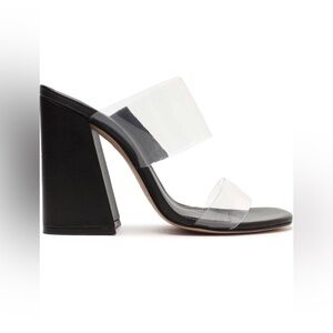 SCHUTZ Victorie Black Napa Leather Vinyl Block High Heel Sandal Size 11B NEW